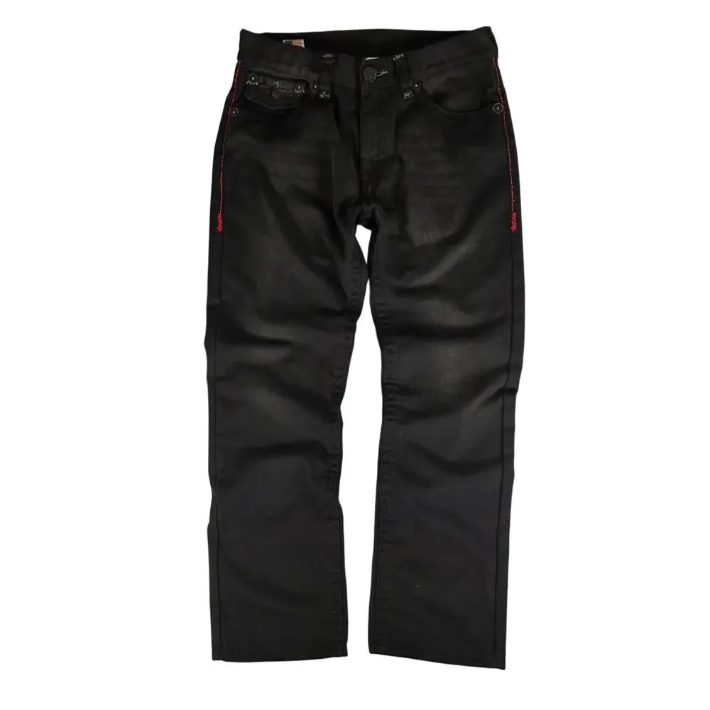True Religion Ricky Super T Jeans 36x32 Wounded Fox Black Red Stitch USA